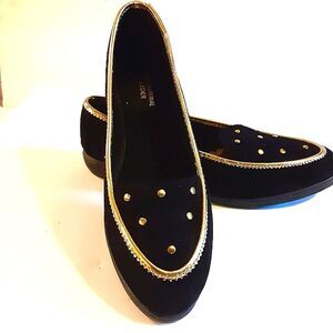Oberman Leder Black Velvet Gold Studded Regency Slip Ons sz 7.5